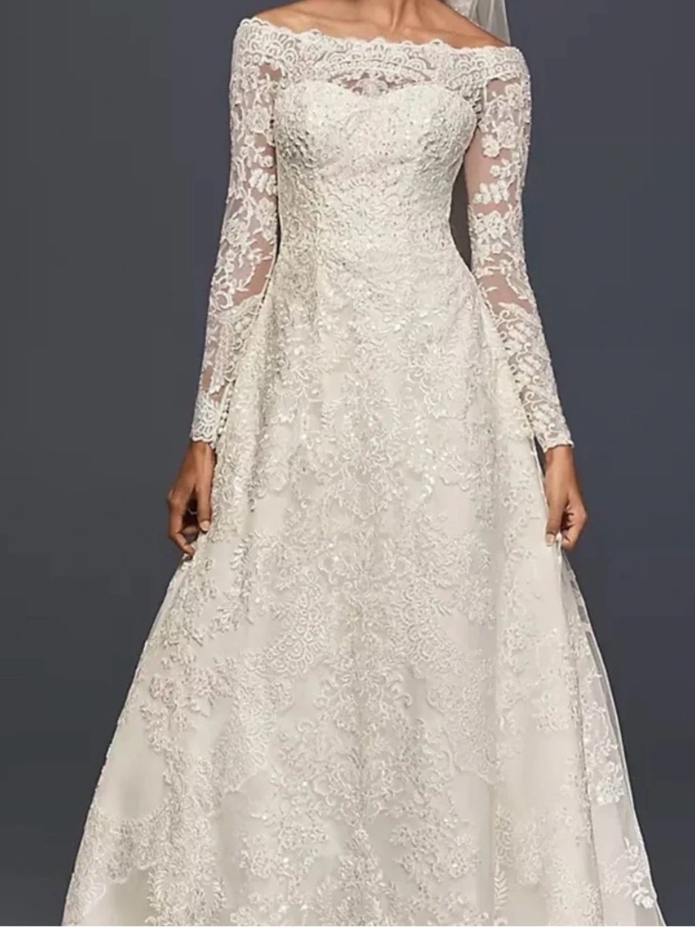 Oleg Cassini Ivory Lace Off-Shoulder Long Sleeve Bridal Gown
